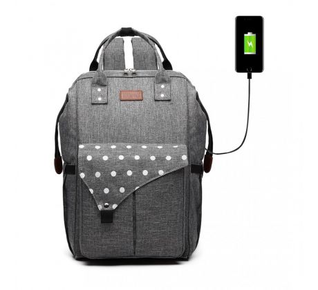 Prebaľovací batoh na kočík Polka s USB portom - šedý bodkovaný