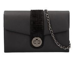 Čierna matná dámska listová kabelka na retiazke s čiernymi doplnkami