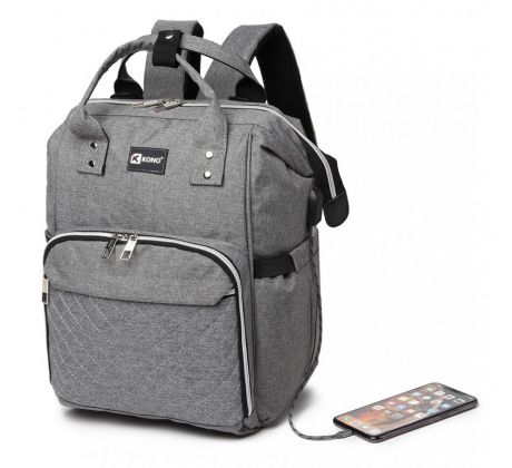 KONO Šedý batoh pre mamičky s USB portom vhodný aj na kočík