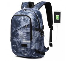 KONO študentský batoh s USB portom - modrá potlač - 20L