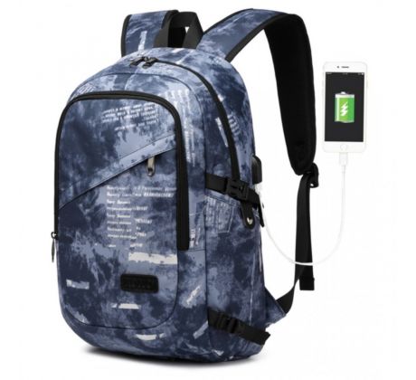 KONO študentský batoh s USB portom - modrá potlač - 20L